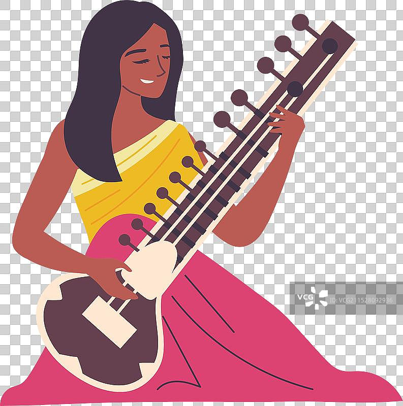 卡通印度女性演奏西塔琴图片素材