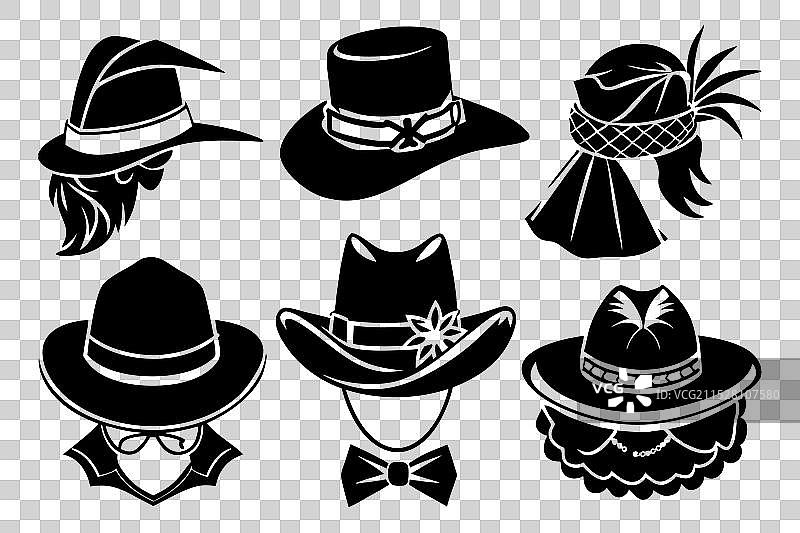 一组帽子和不同平顶帽及帽子图标图片素材