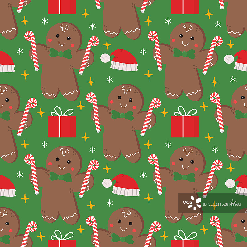姜饼人无缝图案在绿色背景上图片素材