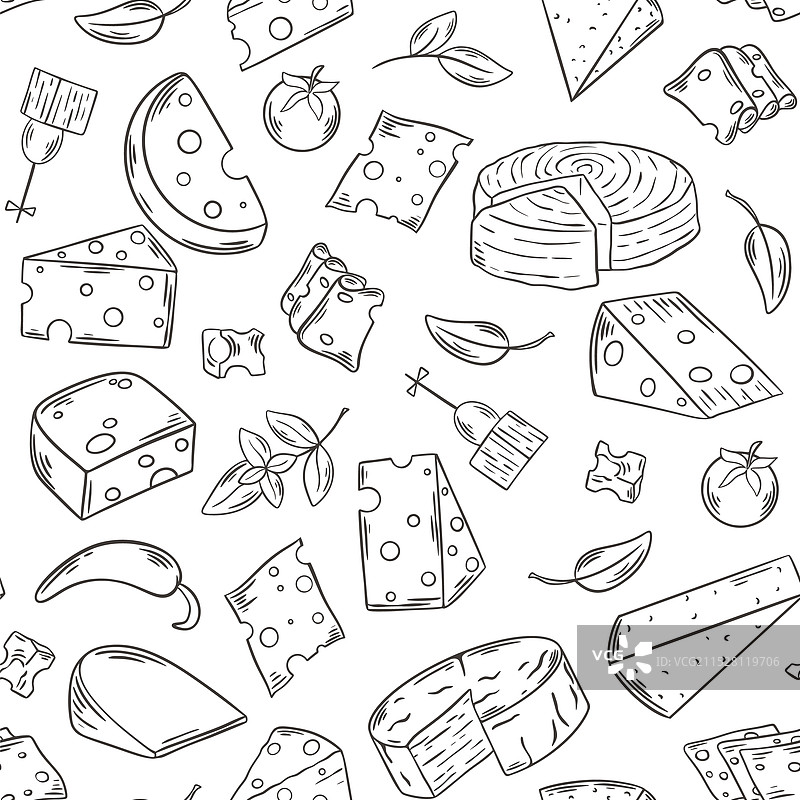 不同类型的奶酪手工雕刻无缝图案图片素材