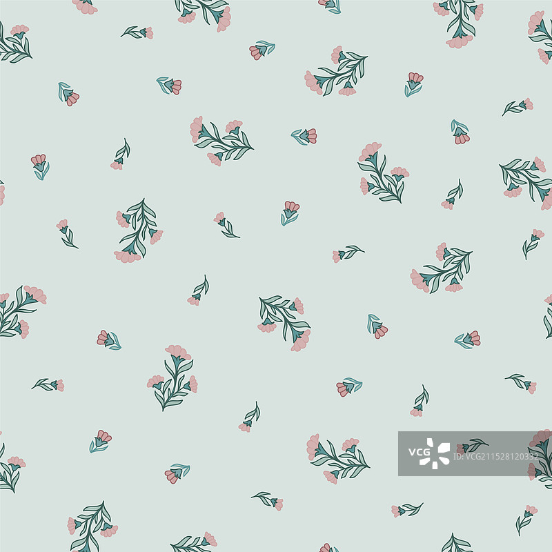 散落在柔和青绿色上的俏皮粉色花朵图片素材