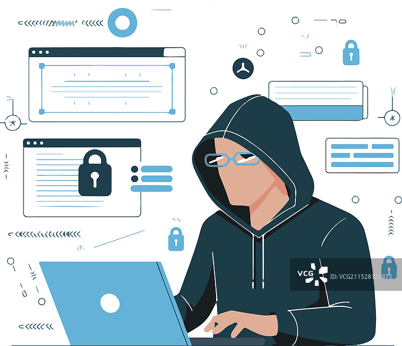 一个穿着连帽衫的黑客正在使用笔记本电脑图片素材