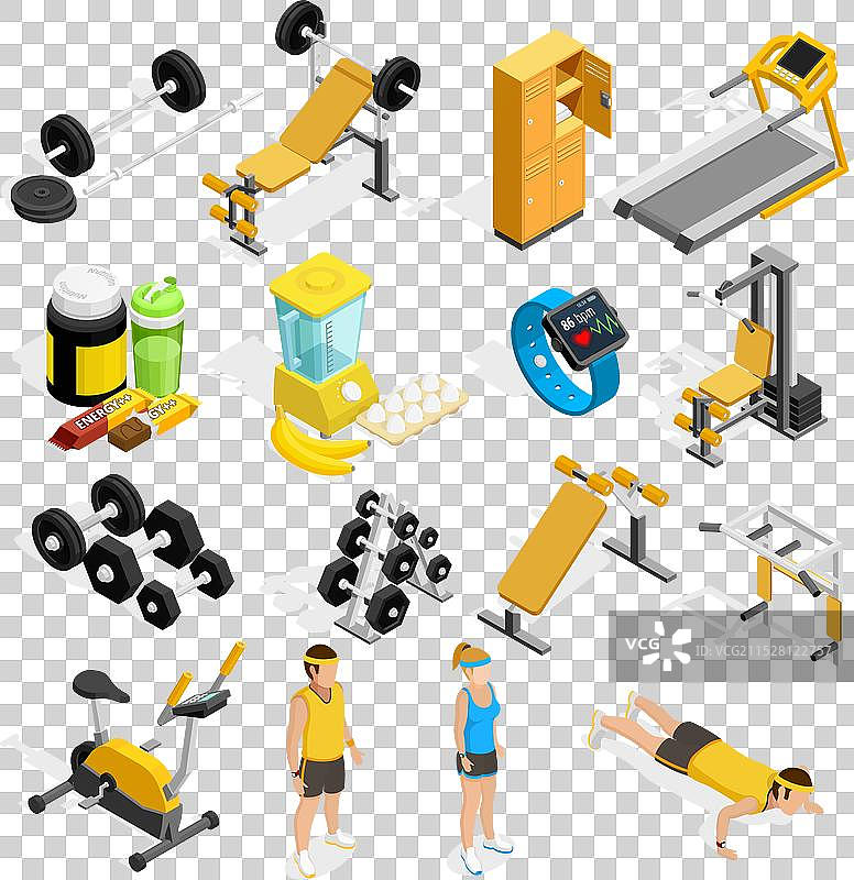 健身和健身的等距图标集图片素材