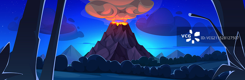 热带岛屿上的火山夜间喷发图片素材