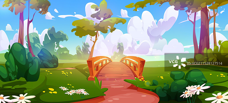 森林景观与河流背景中的桥梁图片素材