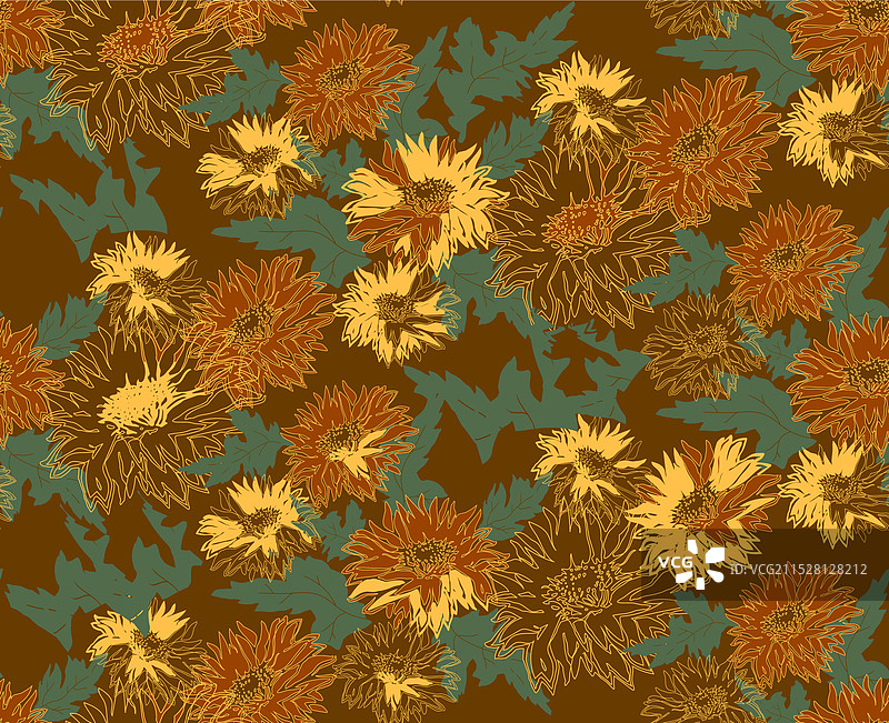 温暖色调的复古花卉无缝图案图片素材