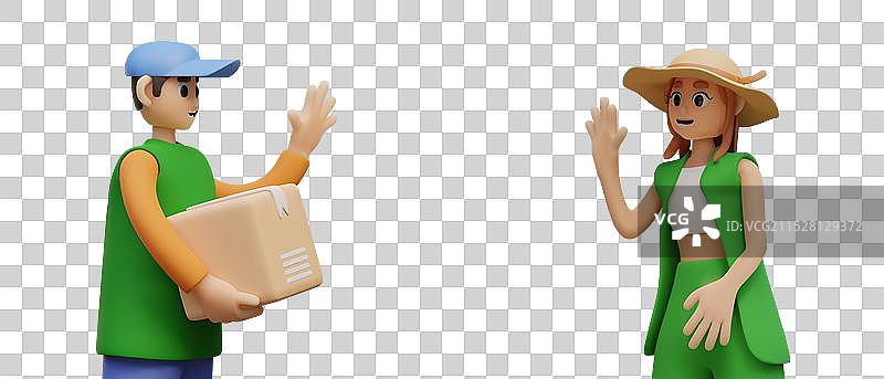 穿制服的男人手持包裹与人交谈图片素材