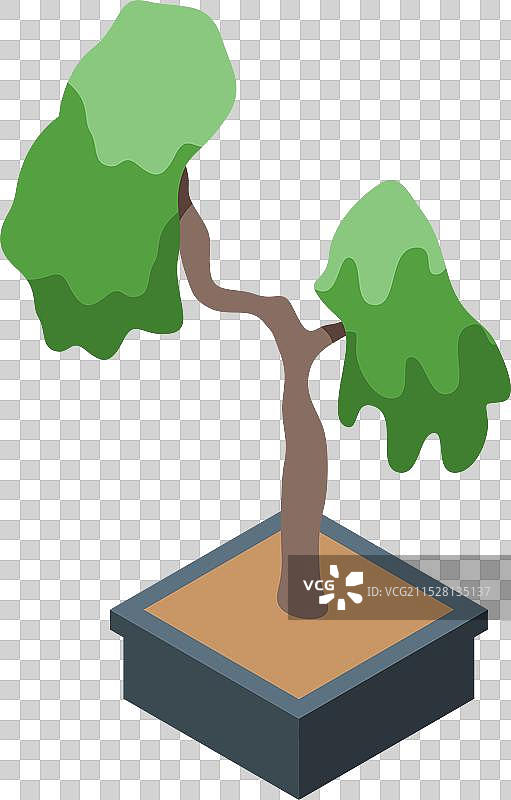 小盆栽树在花盆中生长的等距图标图片素材