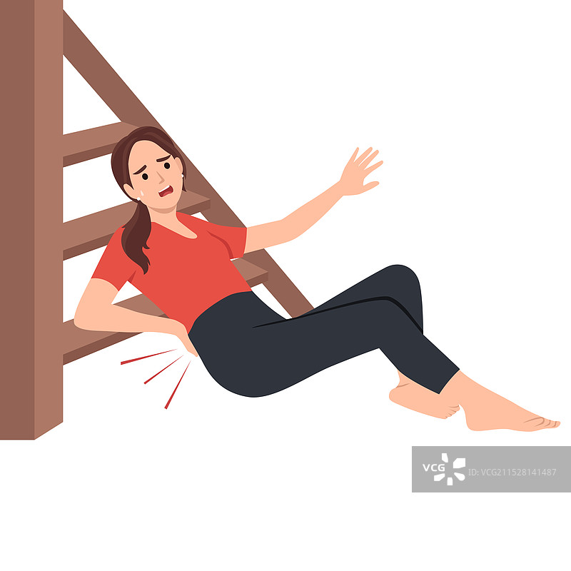不快乐的女人从楼梯上摔下，背部受伤。图片素材