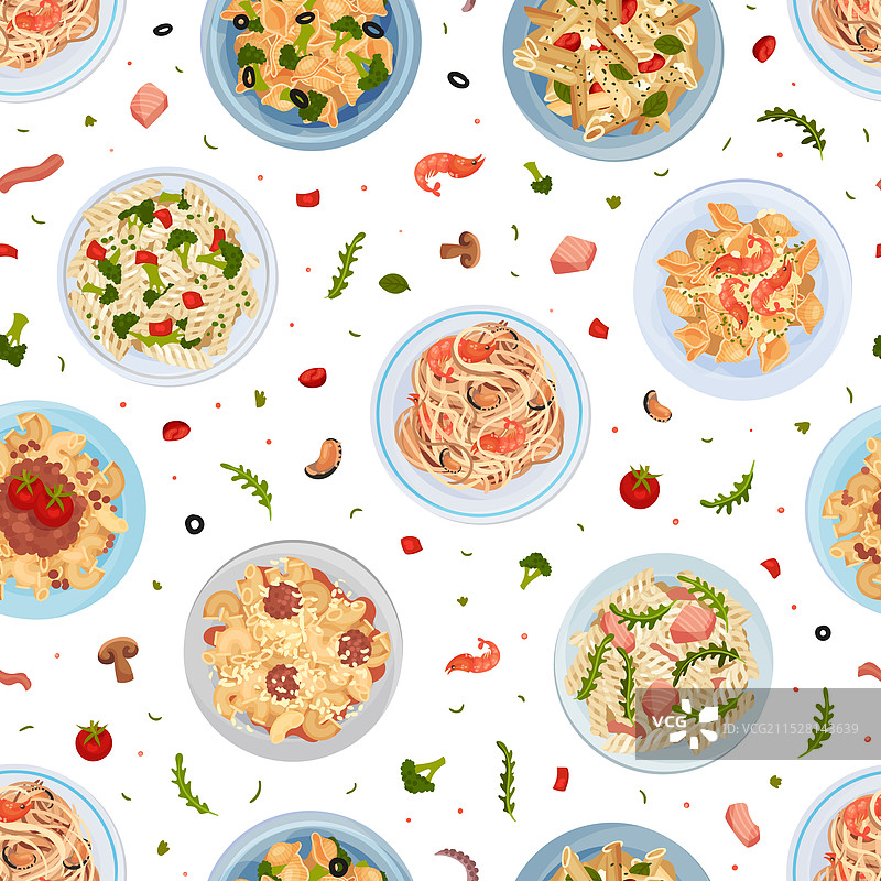 意大利面菜肴的无缝图案与盘子图片素材
