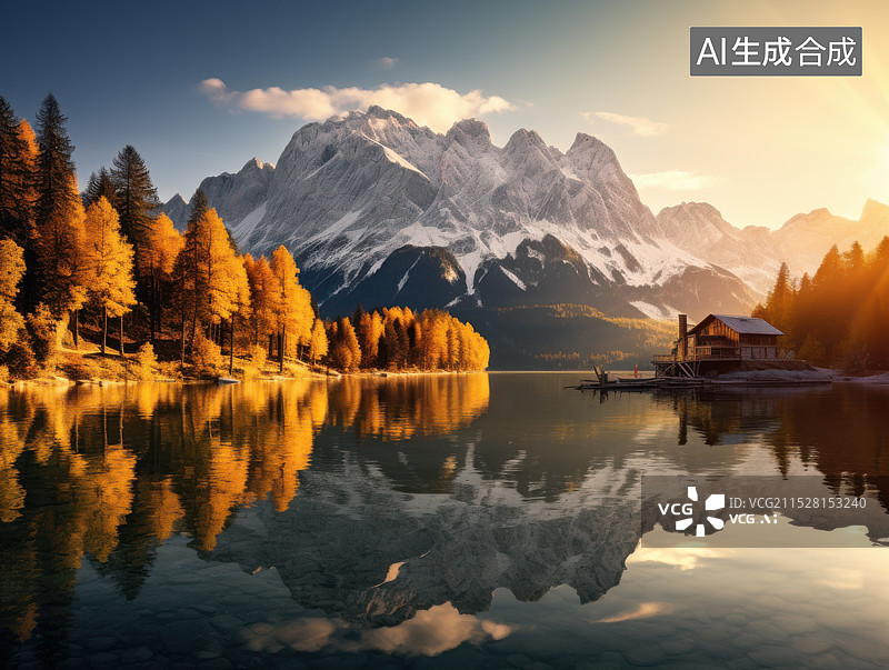 【AI数字艺术】在落日天空衬托下的湖泊、森林和山脉全景插画背景图图片素材