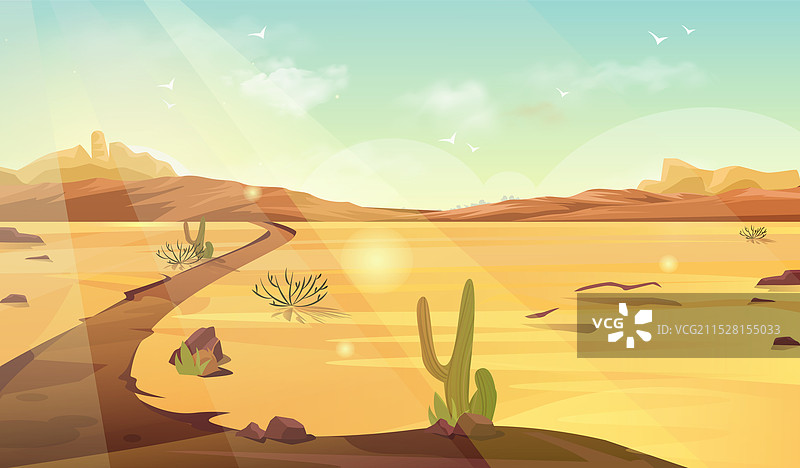 沙漠背景中的道路，沙子与仙人掌相伴图片素材