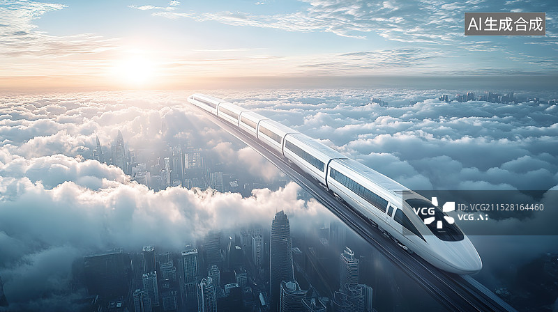 【AI数字艺术】未来世界云端行驶的高速列车图片素材