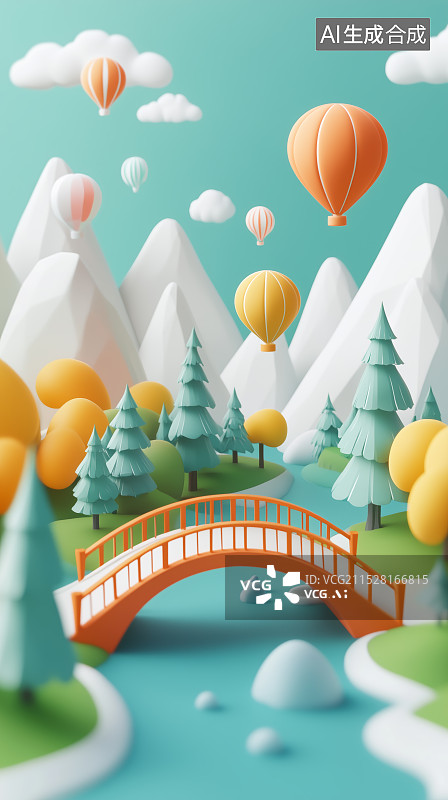 【AI数字艺术】卡通桥和热气球山峰场景图片素材