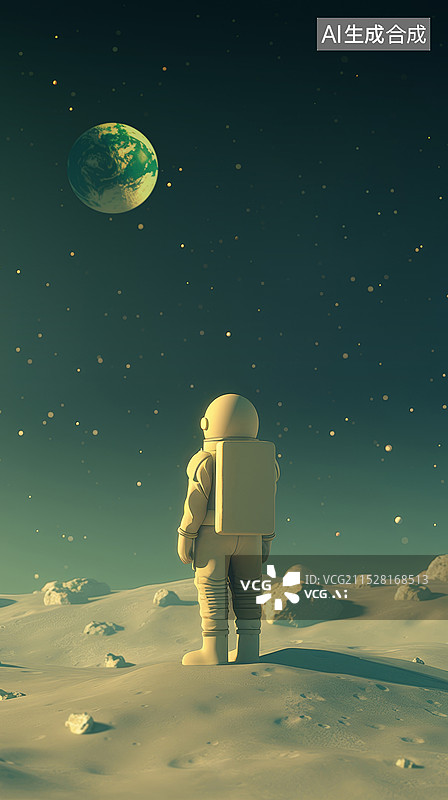 【AI数字艺术】一个宇航员背对镜头站在月球地面眺望太空中的地球图片素材