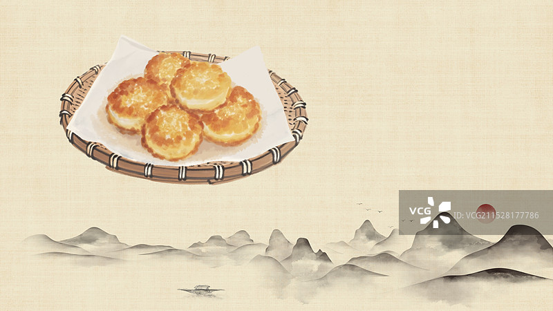 中国风国风水墨风老北京奶油炸糕插画健康特色美食年俗美味二十四节气插画图片素材