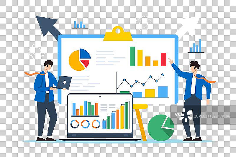 两名男子在进行分析性问题解决的平面图图片素材