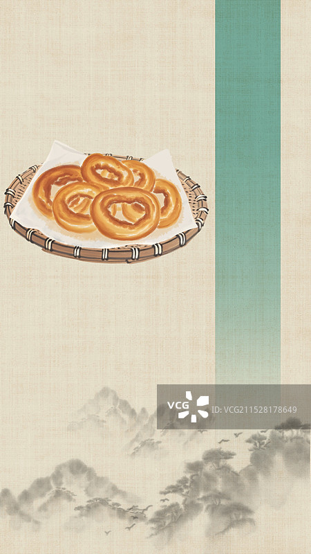 中国风国风水墨风老北京焦圈插画健康特色美食年俗美味二十四节气插画图片素材