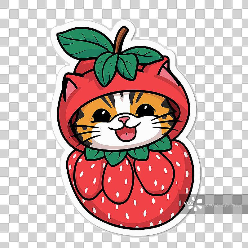 草花猫与草莓冰淇淋贴纸图片素材