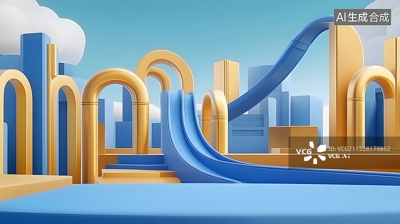 【AI数字艺术】蓝金色抽象几何简约建筑背景图片素材
