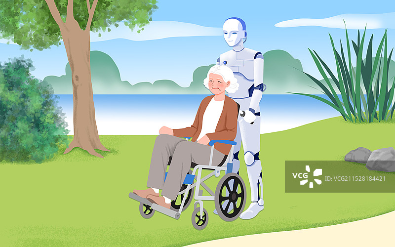人工智能机器人推着坐轮椅的老年人散步图片素材