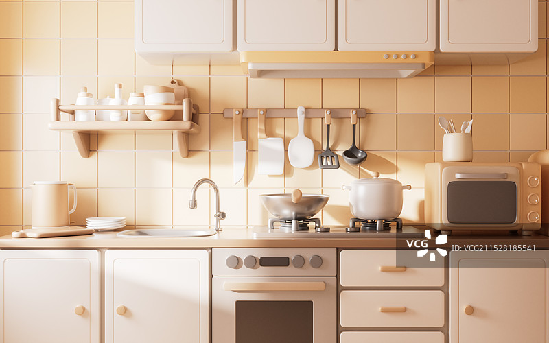 卡通风格厨房与厨具三维渲染图片素材