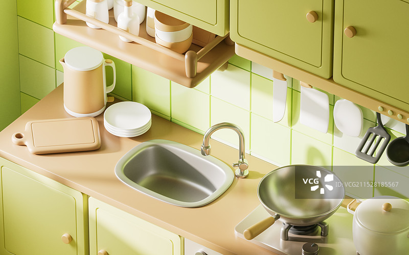 卡通风格厨房与厨具三维渲染图片素材