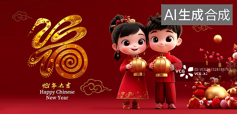 【AI数字艺术】蛇年春节金童玉女吉祥物拜年图片素材