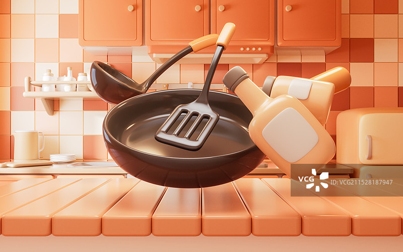 卡通风格厨房里的锅三维渲染图片素材