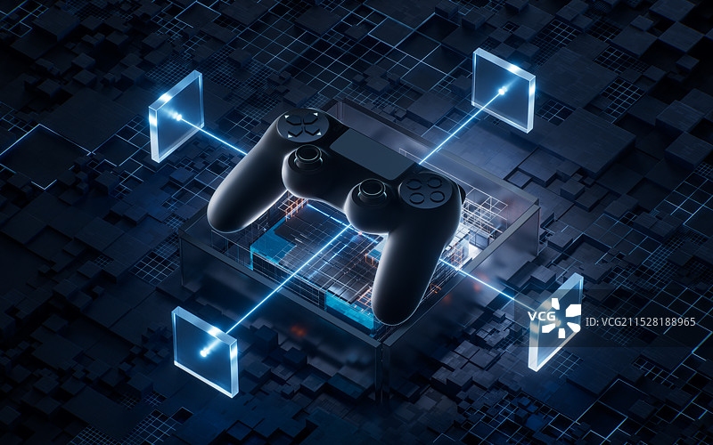 游戏手柄与科技感背景三维渲染图片素材