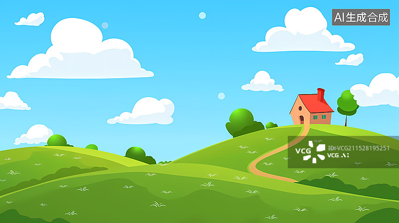 【AI数字艺术】卡通草地小房子插画图片素材