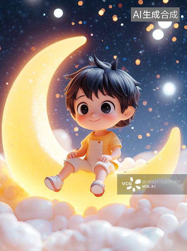 【AI数字艺术】黑发男孩坐在月亮上图片素材