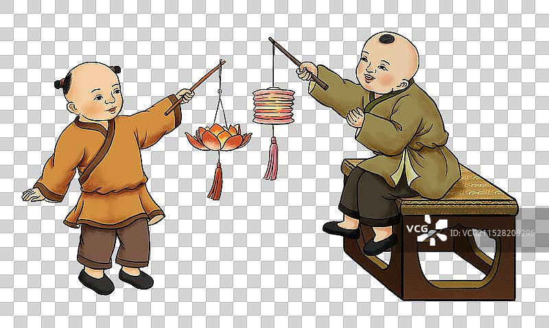 玩花灯灯笼的古画小孩童图片素材
