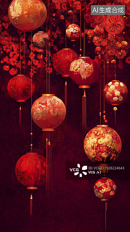 【AI数字艺术】中国传统红色花朵插画海报背景图片素材