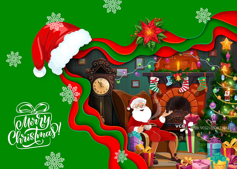 卡通圣诞老人坐在壁炉旁的椅子上，周围有礼物。图片素材