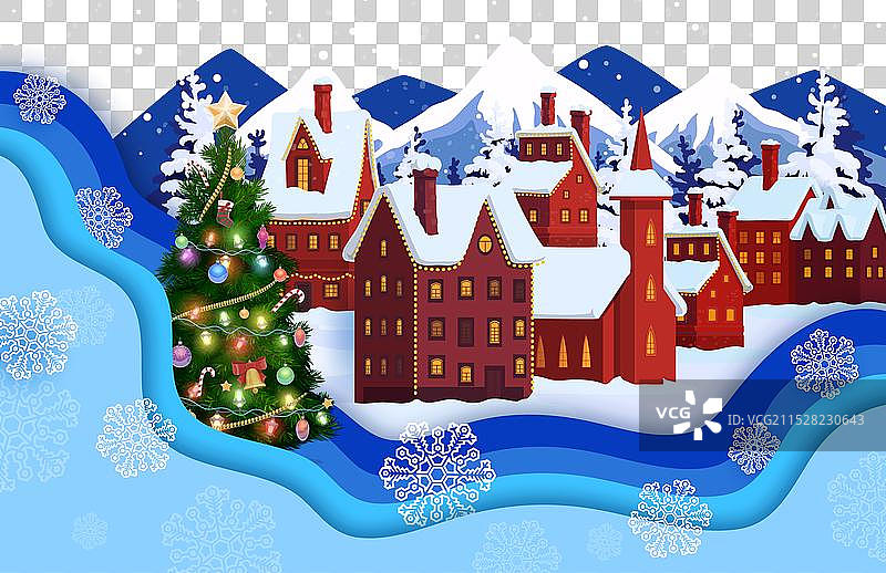 圣诞剪纸 冬季假日 雪白的小镇图片素材