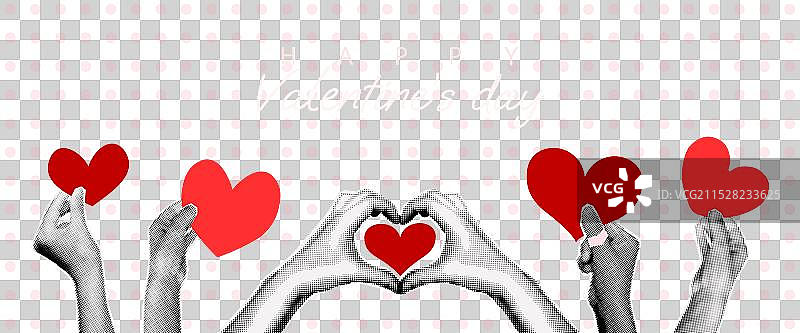 情人节横幅拼贴，手握心形图案图片素材