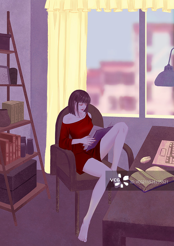 短发裙子的女人在房间卧室书房里读书学习图片素材
