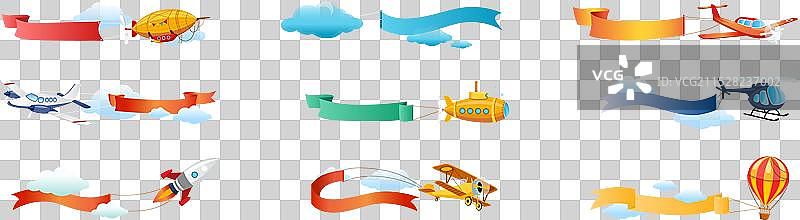 在蓝天中飞行的航空器与彩带图片素材