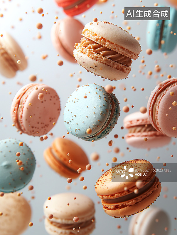 【AI数字艺术】飞散在空中的马卡龙曲奇饼干图片素材