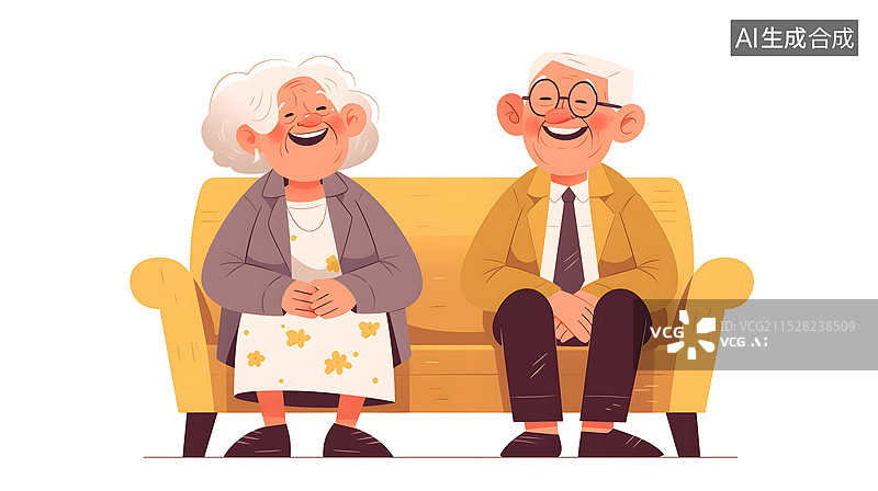 【AI数字艺术】一对老年夫妇坐在沙发上插画图片素材