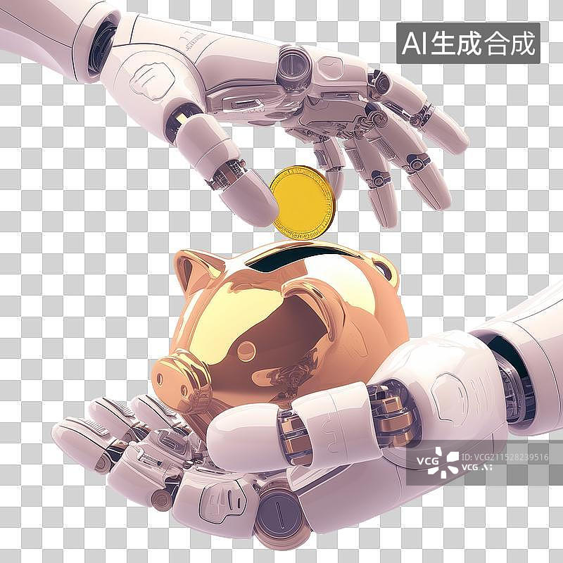 【AI数字艺术】机械手把一枚金币放入金色小猪存钱罐图片素材