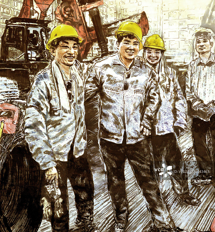《城区建设者》纸本国画图片素材