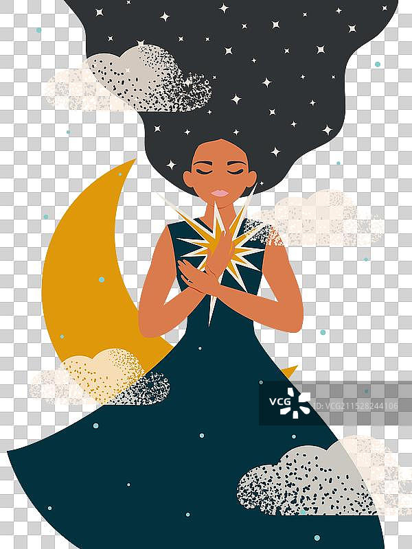 一位女性在新月上拥抱她的指引星。图片素材