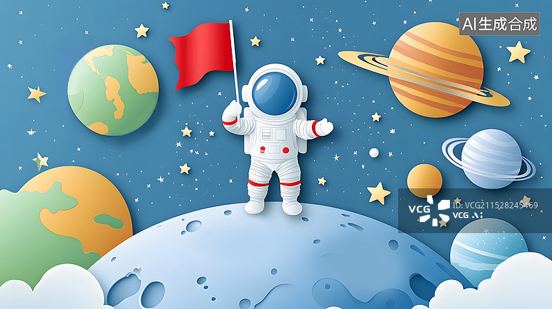 【AI数字艺术】一个宇航员挥舞旗帜站在星球上剪纸风格图片素材