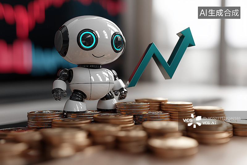 【AI数字艺术】画面中一个虚拟的智能机器人在闪烁的数据云端中，分析着各种图表和曲线，为客户挑选最佳理财组合。图片素材