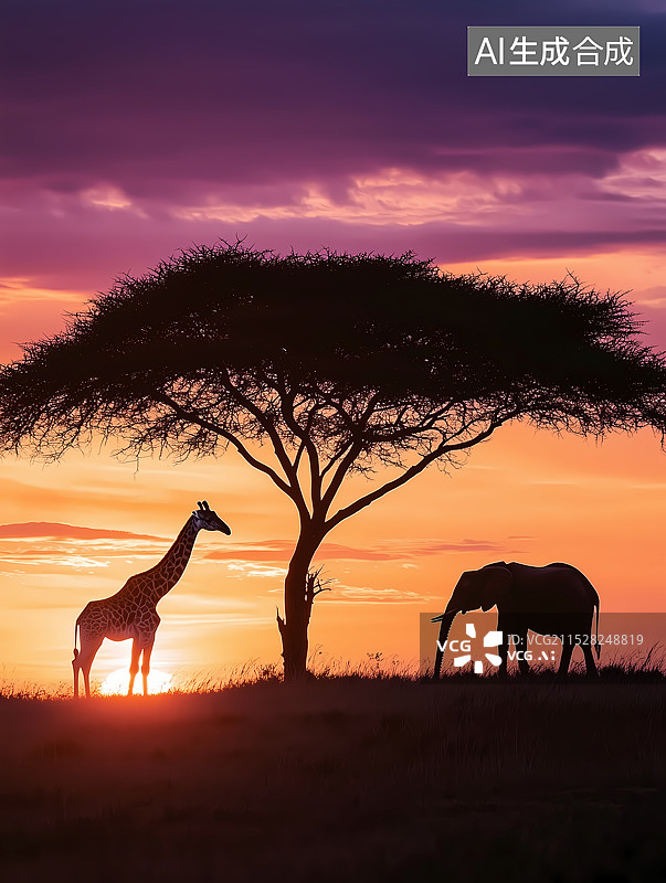 【AI数字艺术】黄昏草原野生动物剪影图片素材