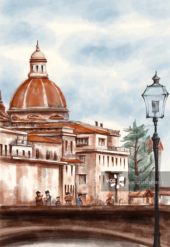 手绘水彩西方建筑图片素材