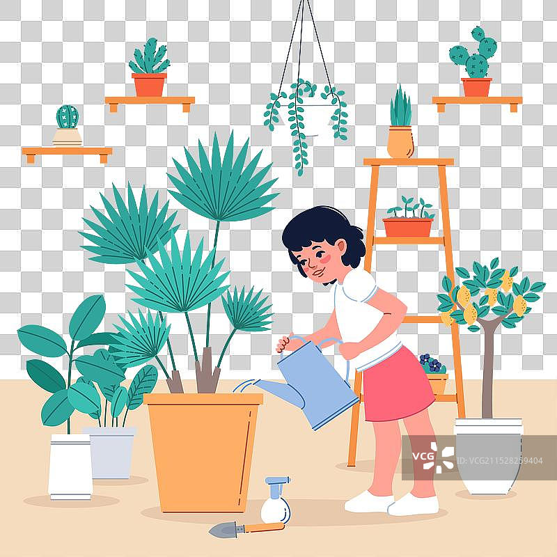 女孩照顾室内植物，可爱的园丁图片素材