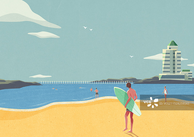 极简夏日青岛第二海水浴场装饰插画图片素材